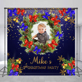 Aperturee - Dark Blue Wreath Custom Photo 1st Christmas Backdrop